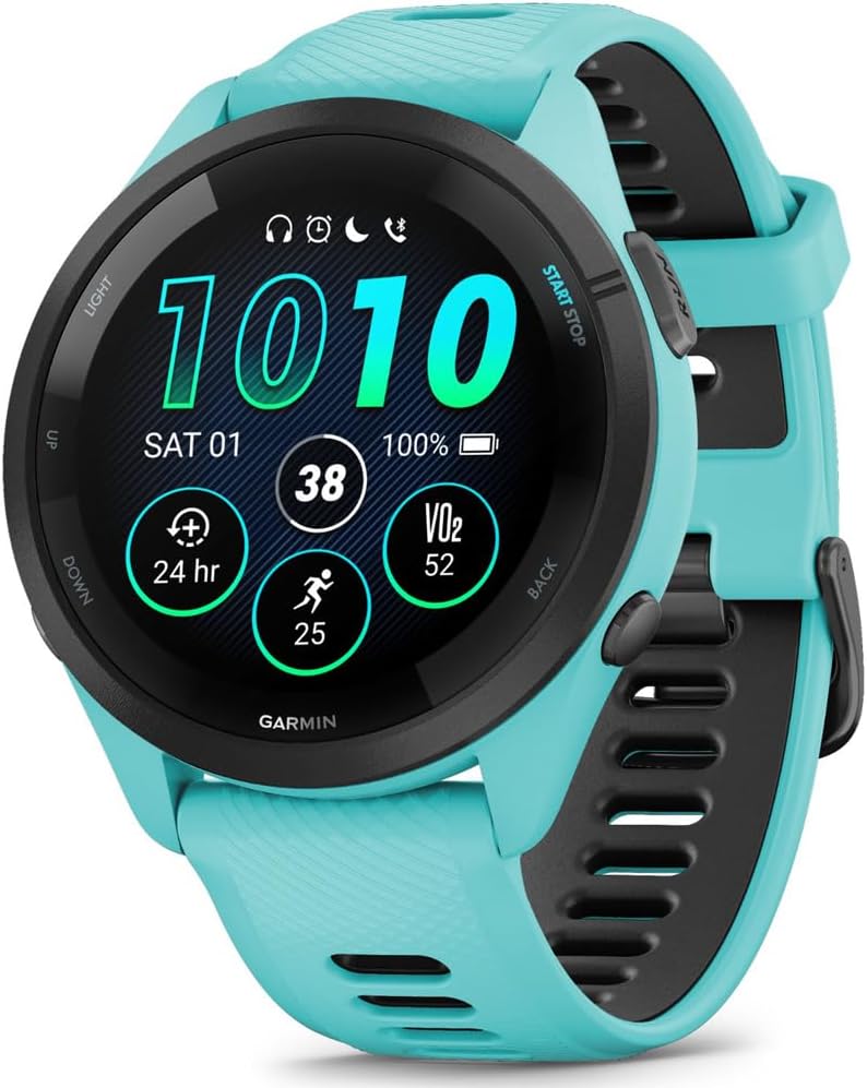 Garmin 010-02810-02 Forerunner 265 GPS Smartwatch, Aqua/Black | Official USA Partner Model | Bundle with Workout Cooling Sport Towel + Deco Essentials Wearable Commuter Front & Rear Safety Light