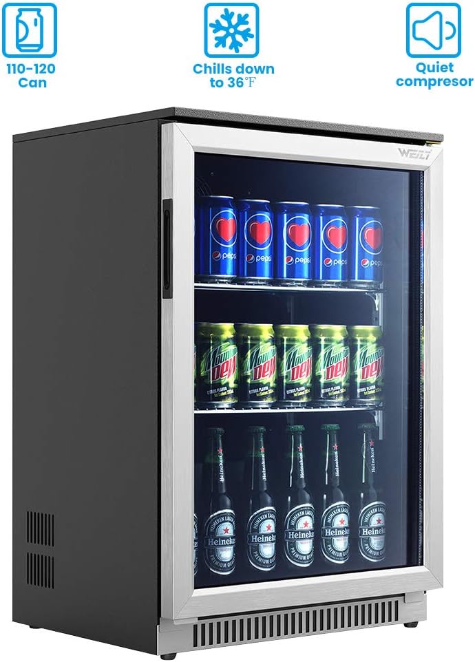 Weili 20 Inch Built in Beverage Fridge with Glass Door, 120 Can Under Counter Soda Beer Drink Refrigerator with Blue LED Light for Home Office or Bar, 36-50°F Auto Defrost