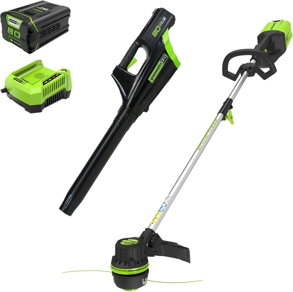 Greenworks 80V Brushless Cordless Yard Tool Combo Kit with 2.0Ah Battery & Rapid Charger – 16' Dual-Line String Trimmer and 500 CFM / 125 MPH Leaf Blower, Variable Speed, 4-Year Warranty
