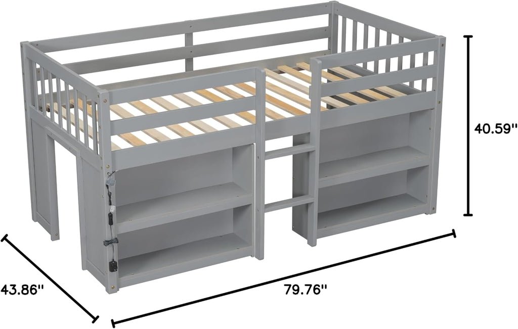 SOFTSEA Twin Size Low Loft Bed with 2-Tier Shelves and LED Light, Wood Loft Bed Frame with Guardrails for Kid, Gray