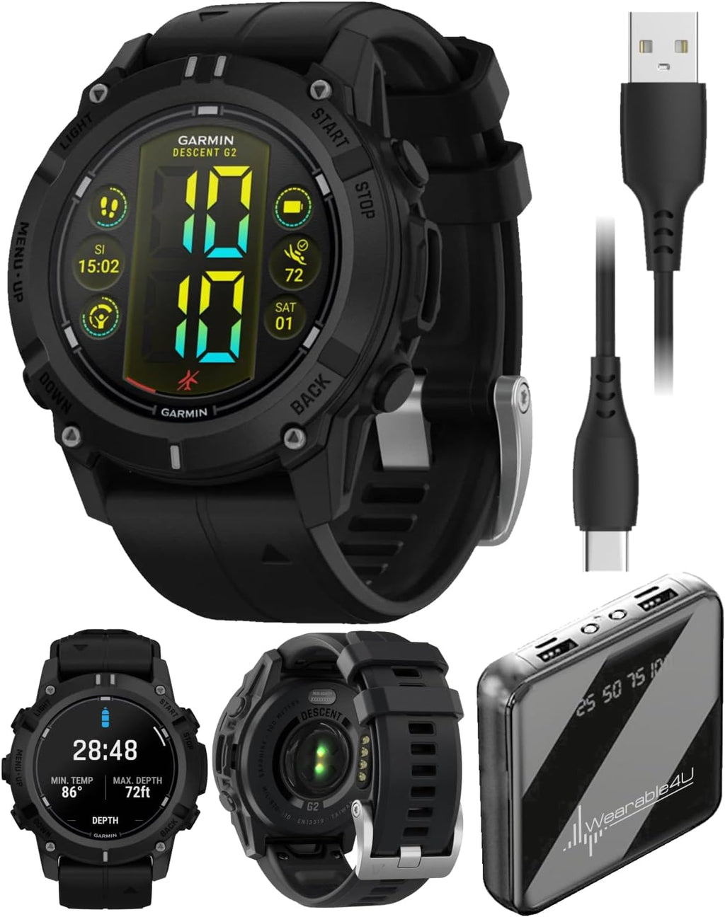 Garmin Descent G2 Watch-Style Dive Computer Smartwatch Black with Black Silicone Band, AMOLED Display, Diving PowerBank Bundle