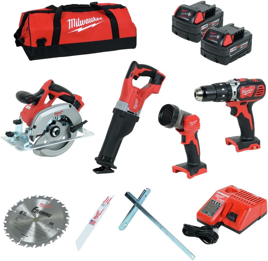 Milwaukee 2694-24 M18 18-Volt 4-Tool Cordless Combo Kit With Drill Flashlight Reciprocating and Circular Saws 18V