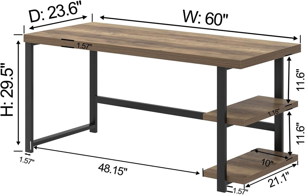 FOLUBAN 60 Inch Home Office Desk, Large Computer Desk with Storage Shelves, Modern Wood and Metal Writing Study Gaming Table Workstation for Living Room, Rustic Oak