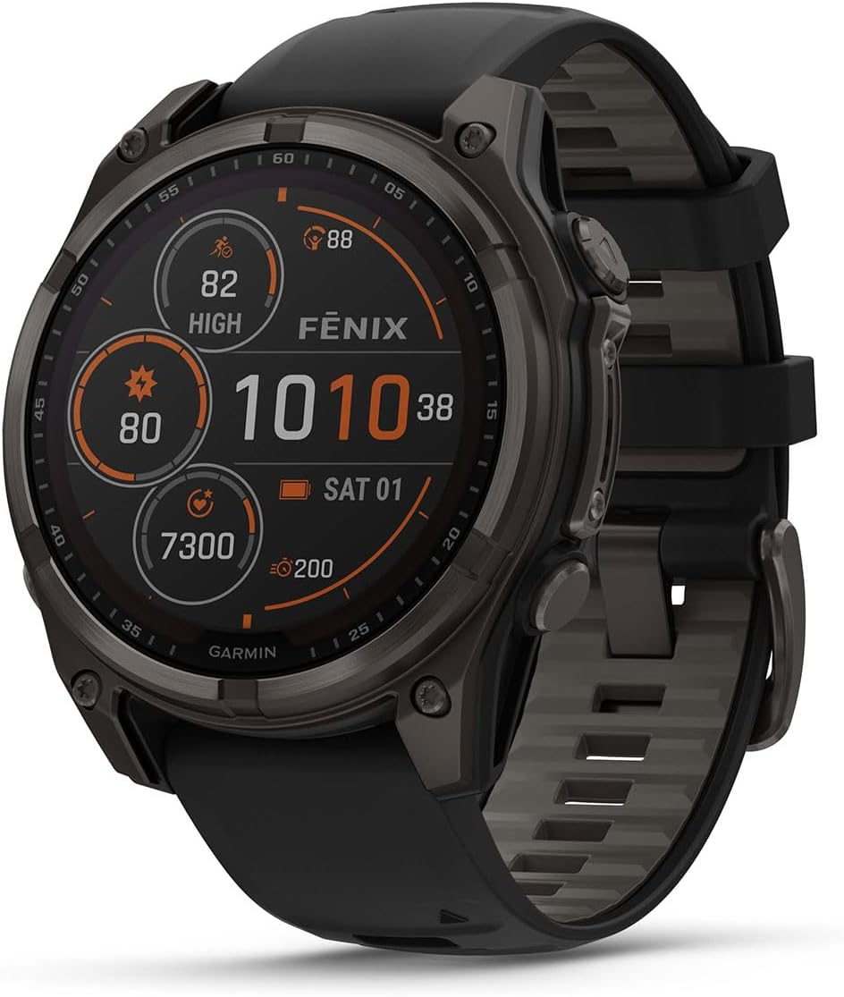 PlayBetter Garmin Fenix 8 Solar Sapphire (47mm, Carbon Gray DLC Titanium) Multisport GPS Smartwatch Bundle - 1.4' Touchscreen, Built-in LED Flashlight Wireless Running Earbuds
