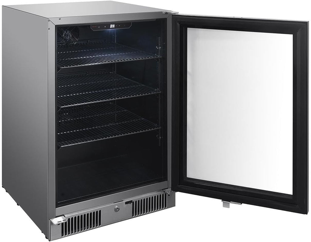 Blaze 20-Inch 4.5 Cubic Feet Outdoor Rated Beverage Cooler with Lock, Reversible Glass Door, Digital Thermostat, and Stainless Steel Exterior Finish - BLZ-GDBEV20-4.5
