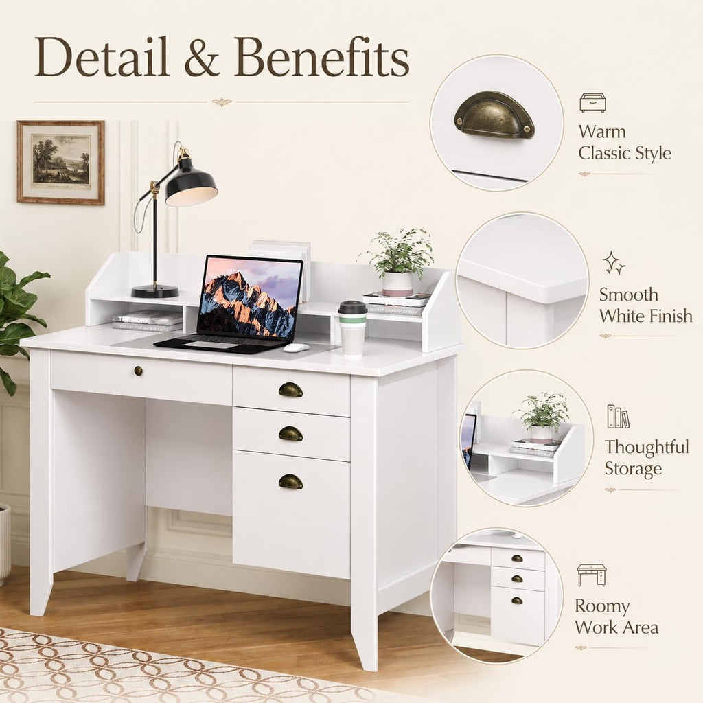 4 EVER WINNER White Desk with Drawers, 47'' Small Desk with File Drawer for Small Spaces, Wood Computer Desk with Monitor Stand for Home Office, Bedroom, White