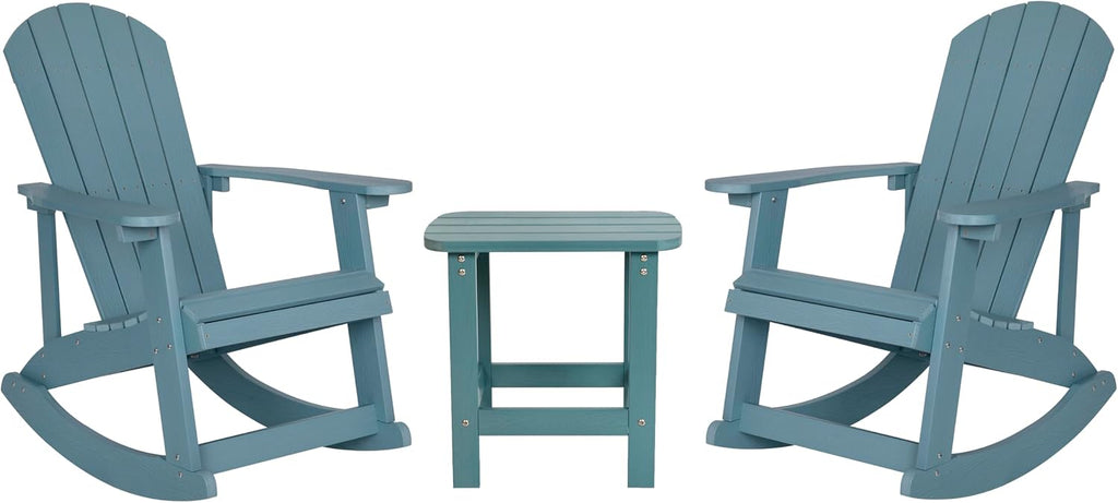 Flash Furniture Set of 2 Savannah Adirondack Rocking Chairs - Commercial Grade All-Weather Sea Foam Poly Resin Wood - Matching Side Table
