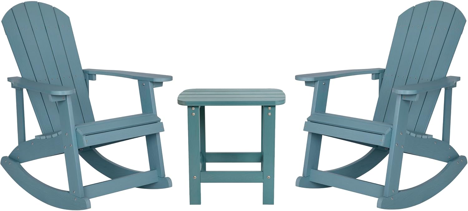 Flash Furniture Set of 2 Savannah Adirondack Rocking Chairs - Commercial Grade All-Weather Sea Foam Poly Resin Wood - Matching Side Table