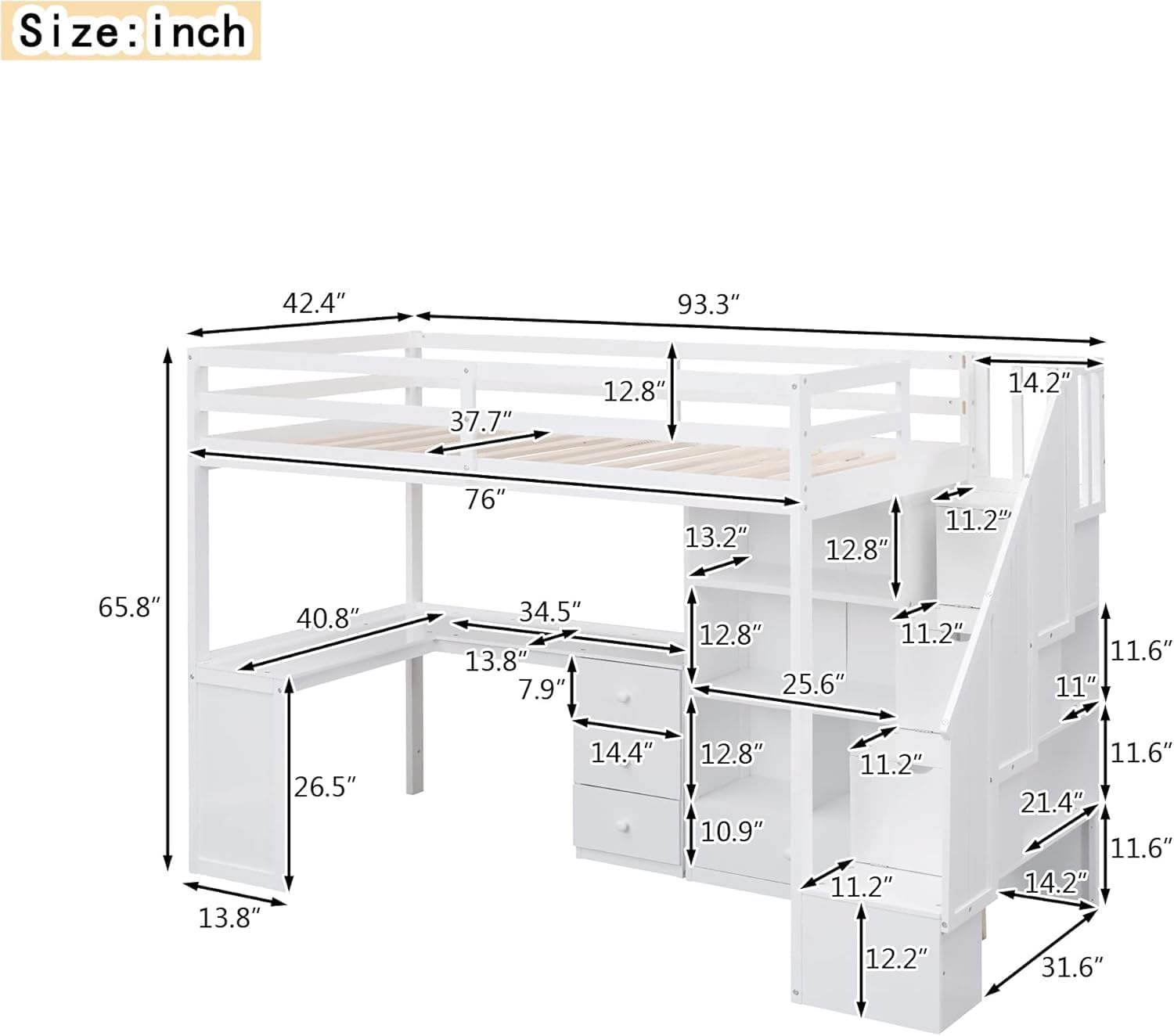 MERITLINE Twin Size Loft Bed with L-Shaped Desk,Storage Staircase,and Guardrails,Wood High Loft Bed with Storage Bookcase and 4 Drawers,for Adults, No Box Spring Needed (White)
