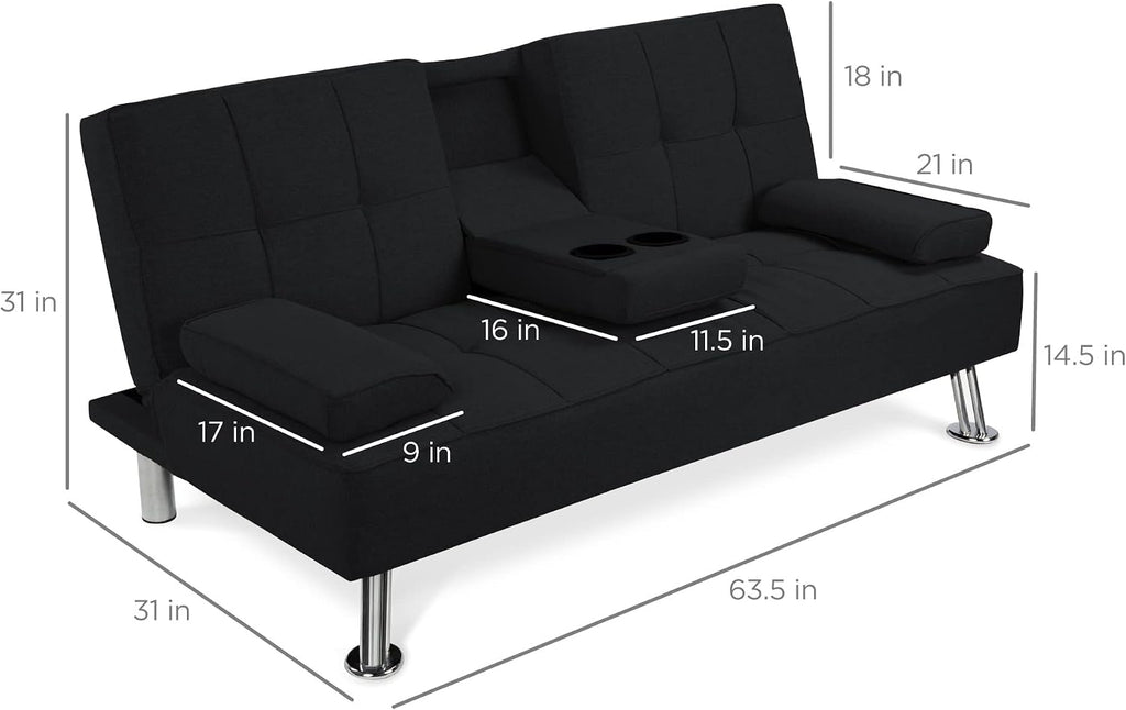 Best Choice Products Linen Modern Folding Futon, Reclining Sofa Bed for Apartment, Dorm w/Removable Armrests, 2 Cupholders - Black