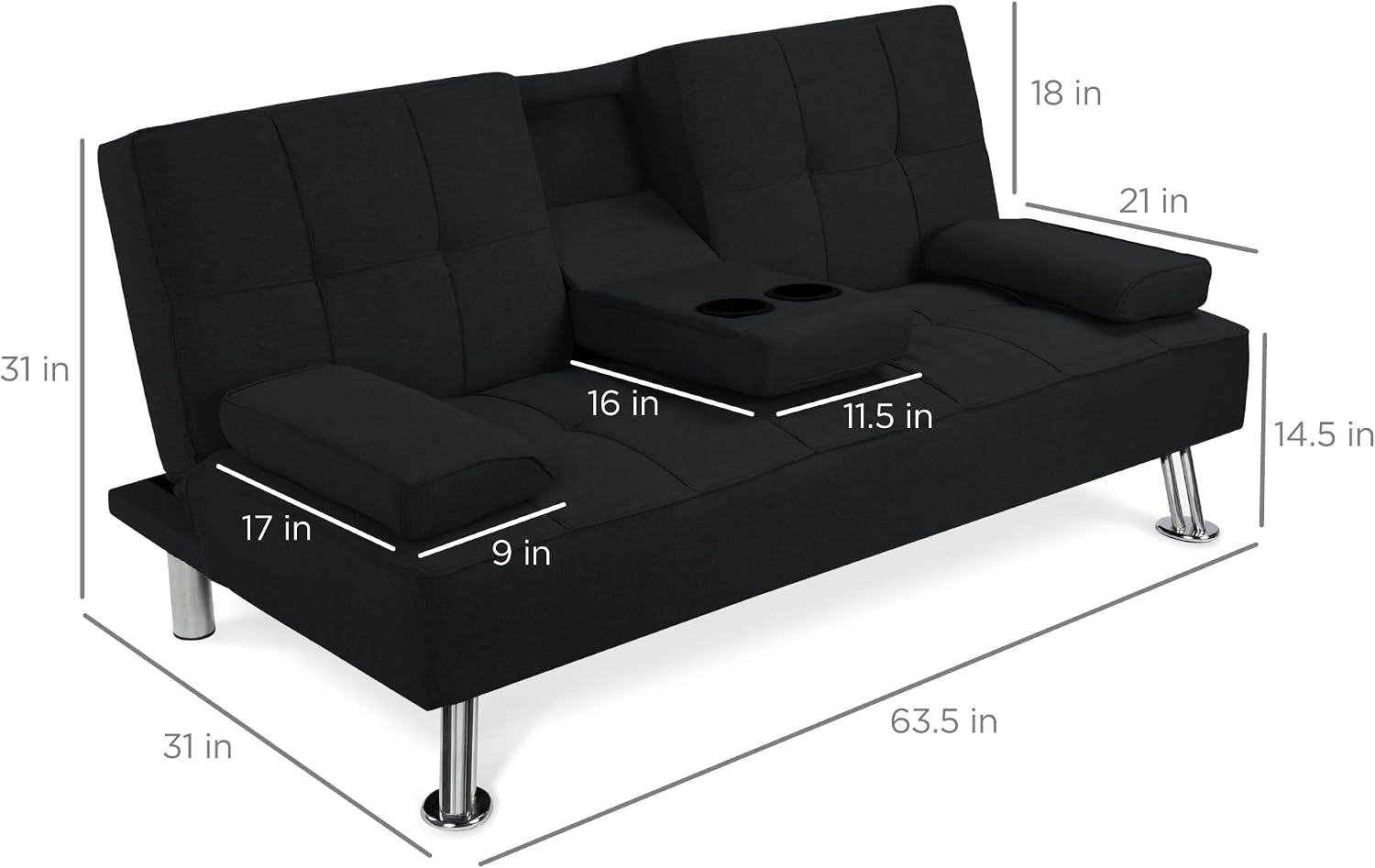 Best Choice Products Linen Modern Folding Futon, Reclining Sofa Bed for Apartment, Dorm w/Removable Armrests, 2 Cupholders - Black