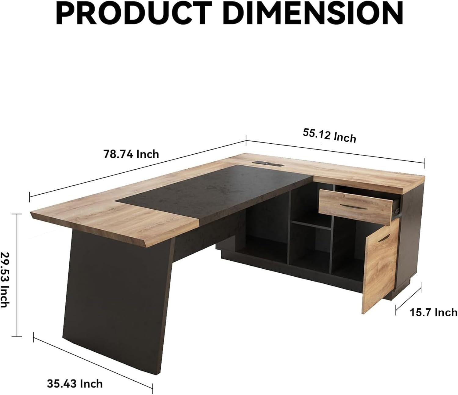 L Shape Executive Desk, Large Office Desk with Drawers & Shelves, 78.74 Inches Industrial Wooden Desk with Storage, Modern Computer Desk for Home Office, Black and Brown, Left Side