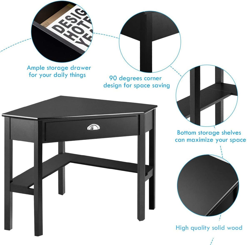Tangkula Corner Desk, Corner Computer Desk with Drawer for Small Space, Small Corner Makeup Vanity Desk, 90 Degrees Triangle Corner Desk with Storage Shelves