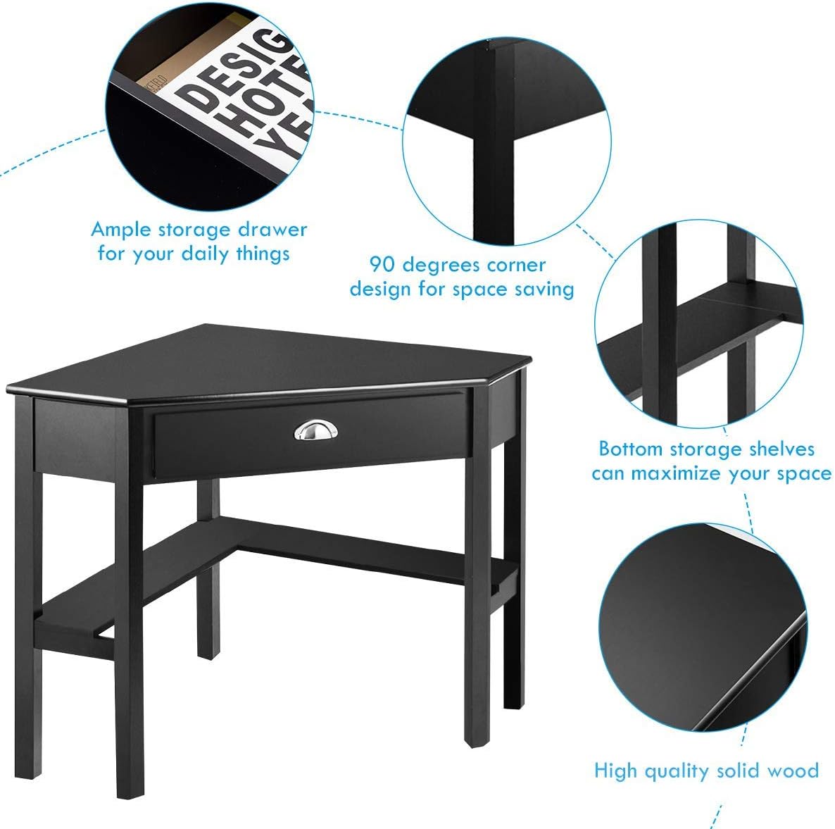 Tangkula Corner Desk, Corner Computer Desk with Drawer for Small Space, Small Corner Makeup Vanity Desk, 90 Degrees Triangle Corner Desk with Storage Shelves