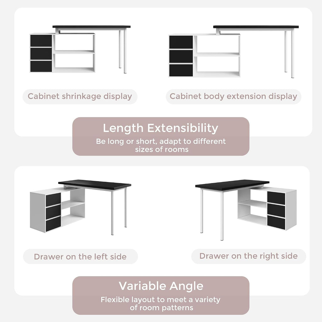 Home Office Computer Desk Corner Desk with 3 Black Drawers and 2 Shelves, 53-inch L-Shaped Study Desk with Storage, White + Black