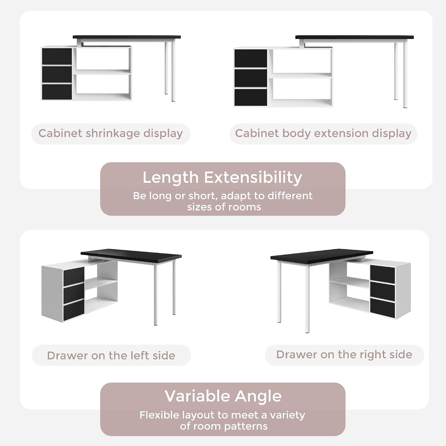 Home Office Computer Desk Corner Desk with 3 Black Drawers and 2 Shelves, 53-inch L-Shaped Study Desk with Storage, White + Black