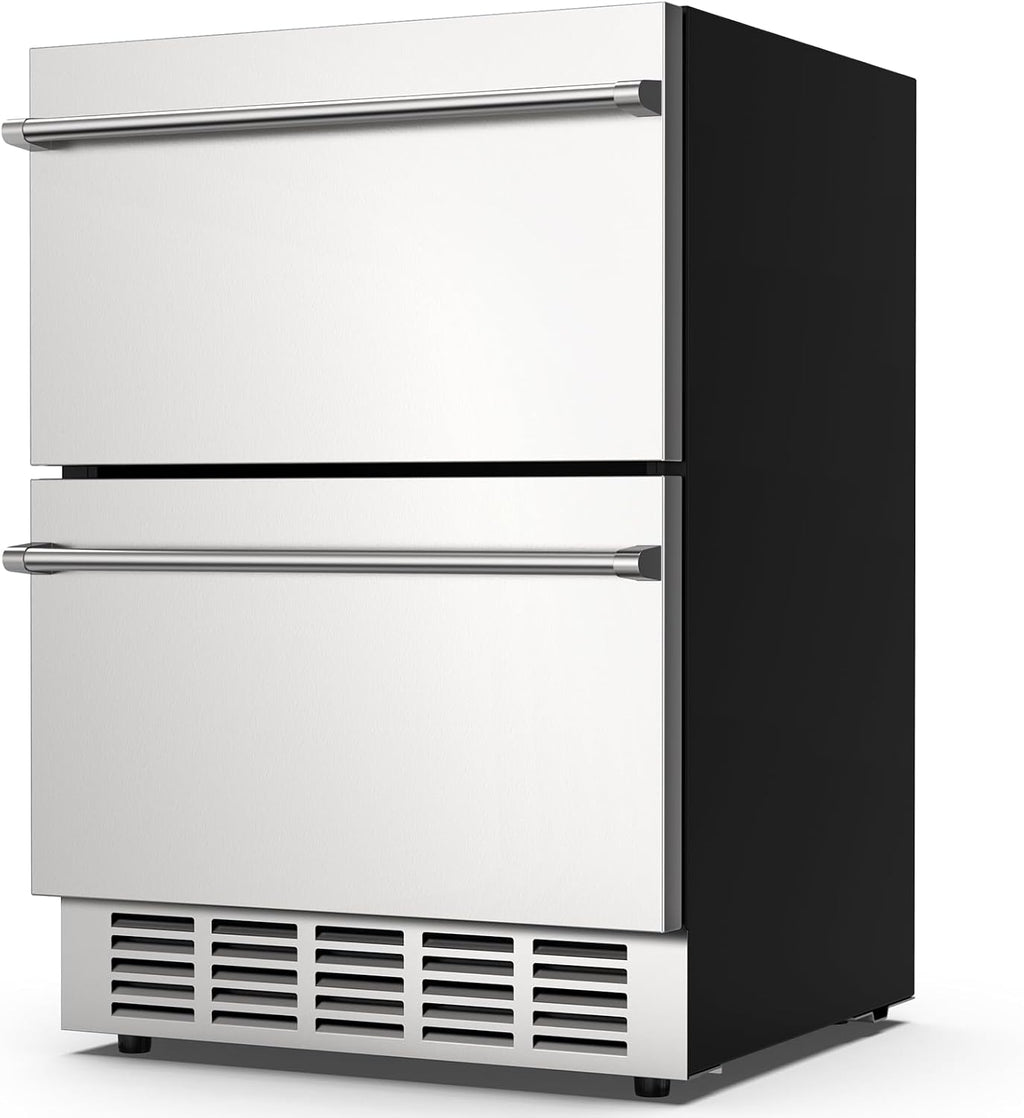 Mojgar 24 Inch Under Counter Double Drawer Fridge,Two Drawer Refrigerator Indoor Beverage Refrigerator, Stainless Steel Beverage Fridge for Home & Commercial Use (Foam Door)