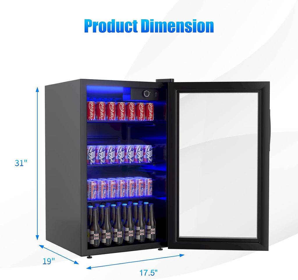 COSTWAY Beverage Refrigerator, 3.2 Cubic Foot Capacity, 120 Can Beverage Cooler with LED Light, Adjustable Thermostat, Removable Shelves, Perfect for Soda, Beer or Wine, Small Drink Dispenser Machine