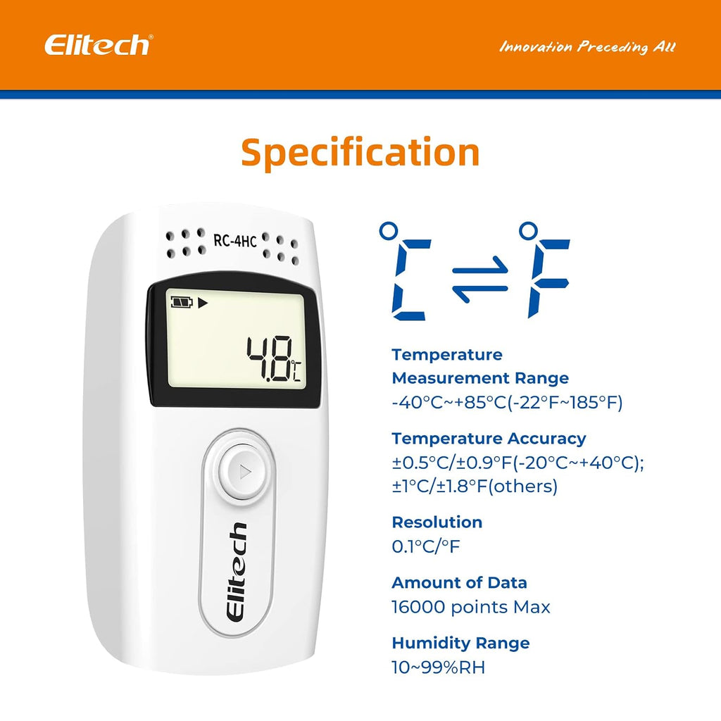 Elitech Digital Temperature Humidity Data Logger Medical Refrigerator Thermometer Vaccine Fridge Temperature Monitor, RC-4HC, 5 Pack