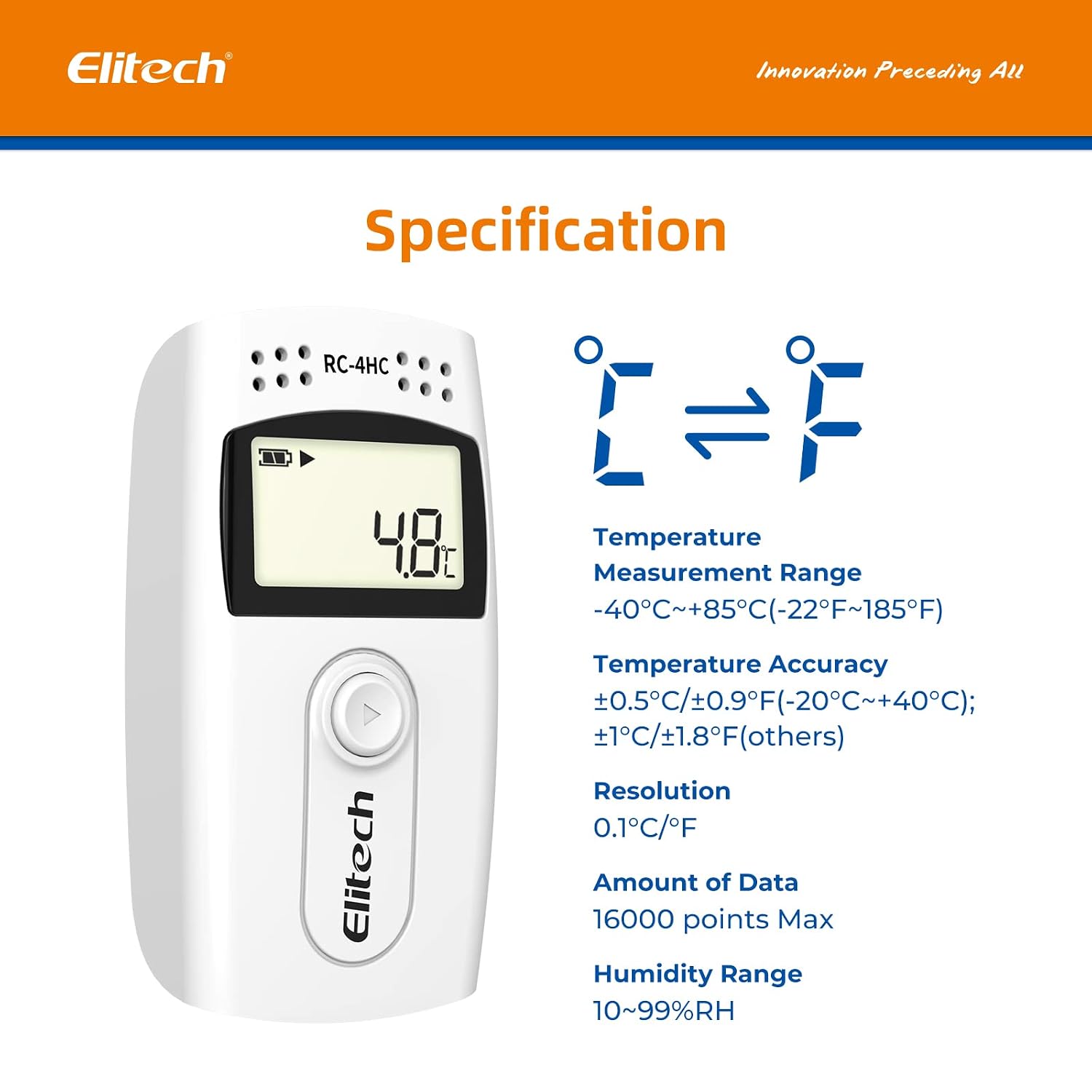 Elitech Digital Temperature Humidity Data Logger Medical Refrigerator Thermometer Vaccine Fridge Temperature Monitor, RC-4HC, 5 Pack