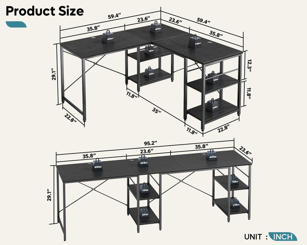 Bestier 95.2' L Shaped Desk, Reversible Corner Computer Desk or 2 Person Long Table with Adjustable Shelves, Large Writing Study Workstation with 3 Cable Holes - Black