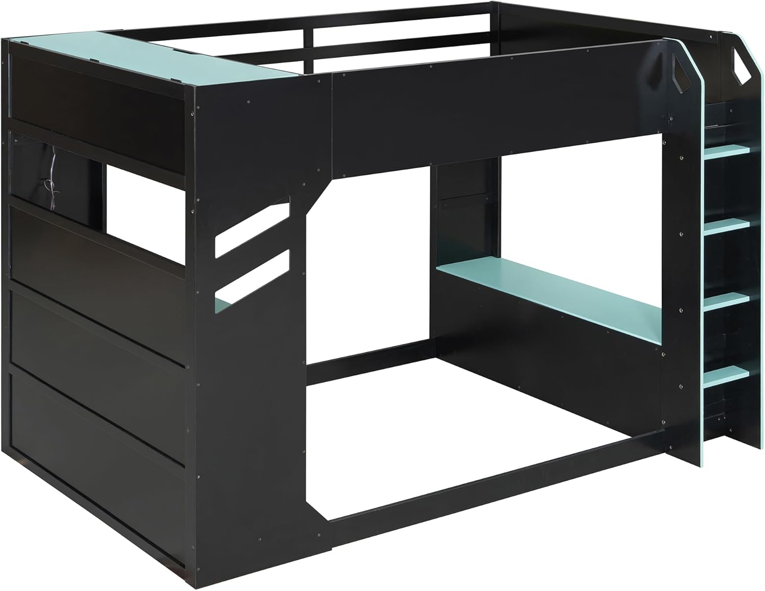 Merax Wood Loft Bed with Height-Adjustable Desk,Drawers,Storage Compartments,Hanging Rod and RGB Lights, Full Size, Blue