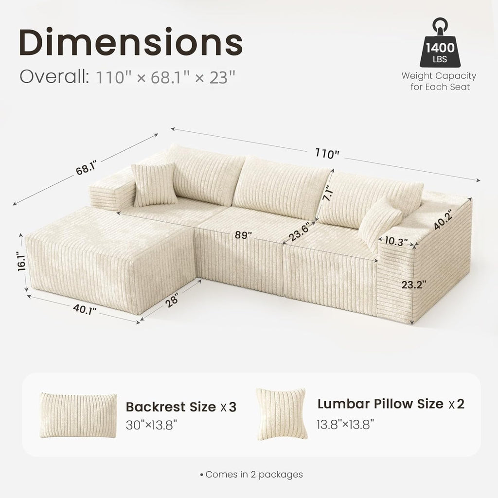 110' Cloud Modular Sectional Combination Couch with Ottoman, Deep Seat L-Shaped Sofa with Oversized Lounge, Modern Corduroy Upholstered Memory Foam Sofa for Bedroom, No Assembly (Natural White)