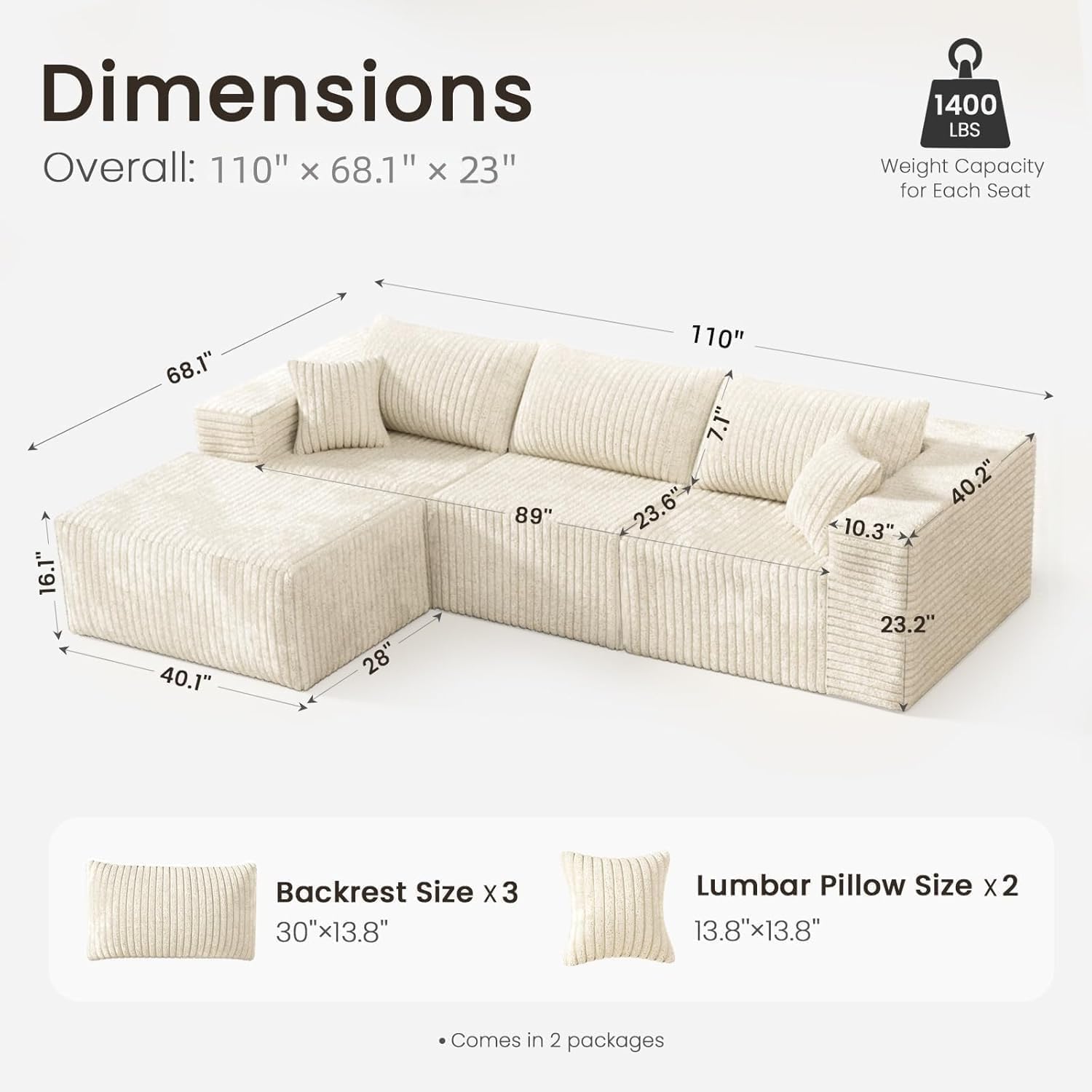 110' Cloud Modular Sectional Combination Couch with Ottoman, Deep Seat L-Shaped Sofa with Oversized Lounge, Modern Corduroy Upholstered Memory Foam Sofa for Bedroom, No Assembly (Natural White)