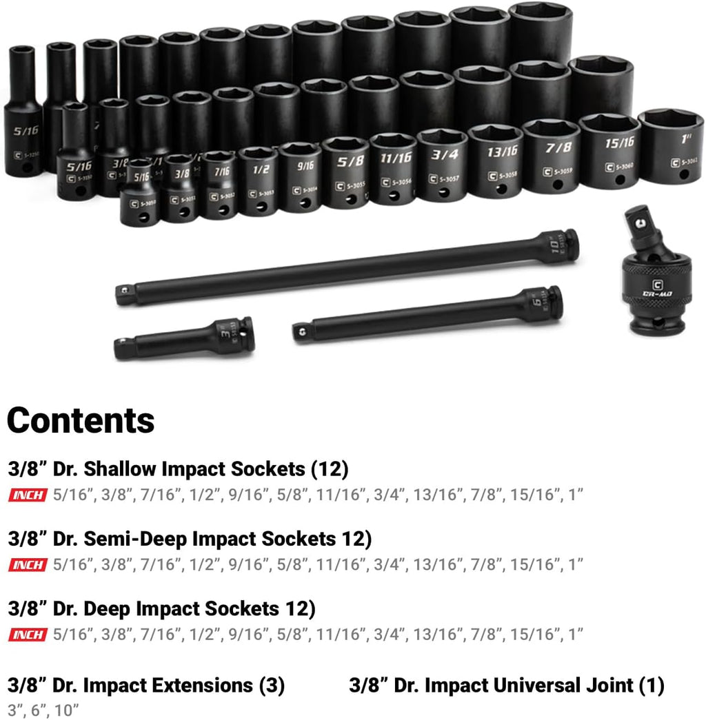 Capri Tools 3/8 in. Drive Master Shallow, Semi-Deep and Deep Impact Socket Set with Extensions and Universal Joint, SAE, 5/16 to 1 in., 40-Piece with Mechanic's Tray
