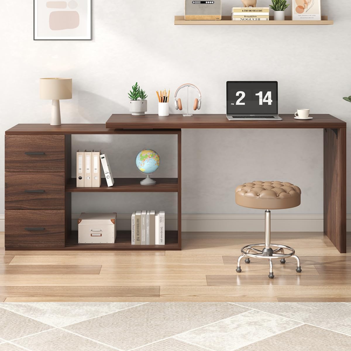 HSH Walnut Home Office Desk L Shaped with Drawers, Reversible Wood Computer Desk Table for Executive Work Writing Study Gaming, Rustic Corner L Desk with Storage Cabinet Shelves for Bedroom, 55 Inch