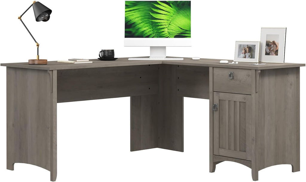 Bush Home L Shaped Desk with Storage for Home Office, Modern Farmhouse Corner Table with Drawers and Cabinets, Salinas Collection, Driftwood Gray