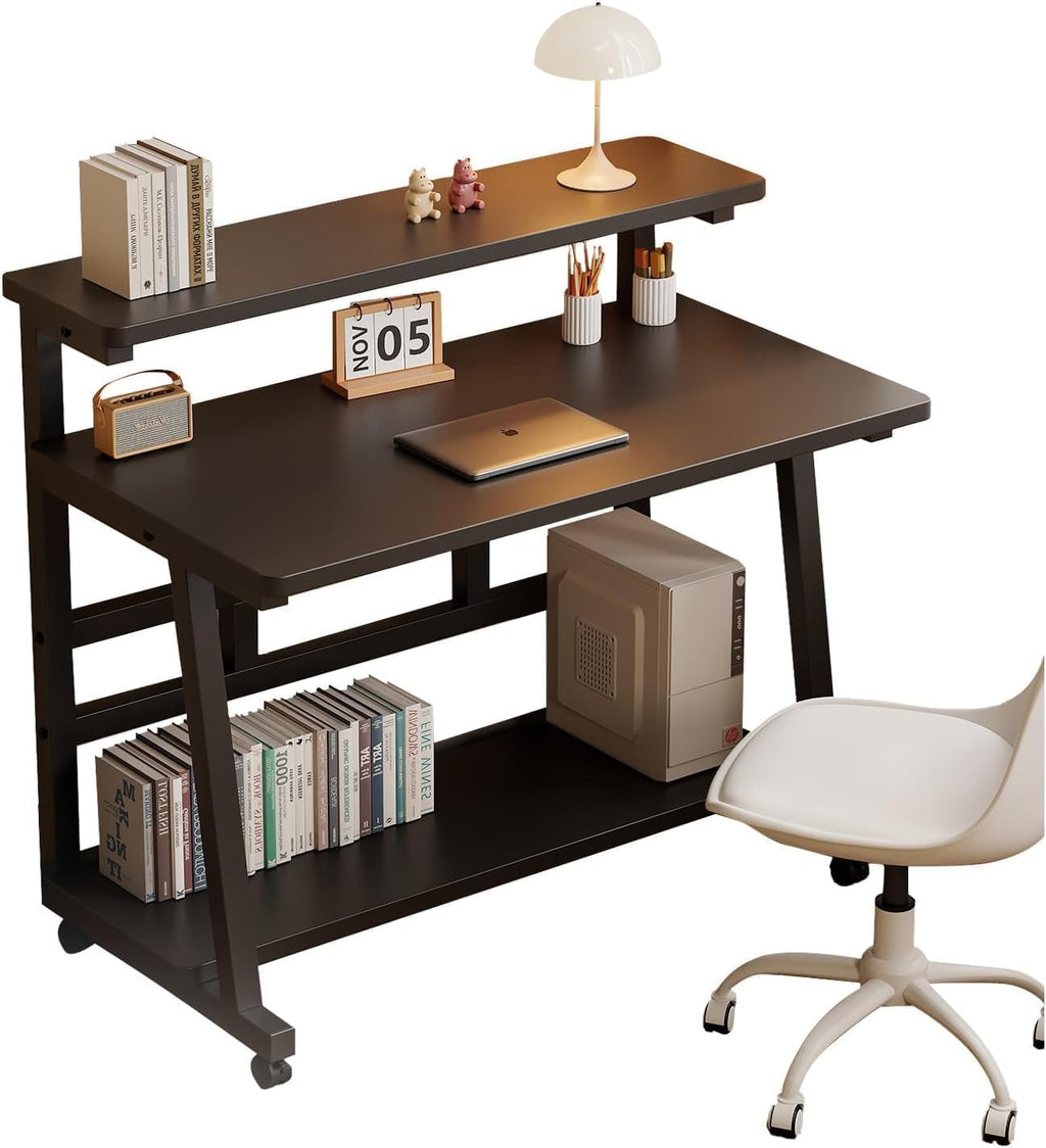 39.4 Inch Compact Rolling Computer Desk with Tier Worktable & Lockable Wheels, Small Computer Desk, Small Desk for Bedroom, Mobile Writing Workstation Easy Assembly for Home Office Small Spaces