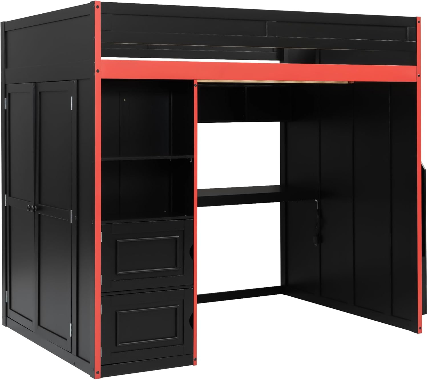 SOFTSEA Full Size Gaming Loft Bed with Desk & Storage Stairs, Solid Wood Loft Bed with LED Lights, Wardrobe and Shelves, Space-Saving Gaming Bed for Kids Teens Adults, Black + Red