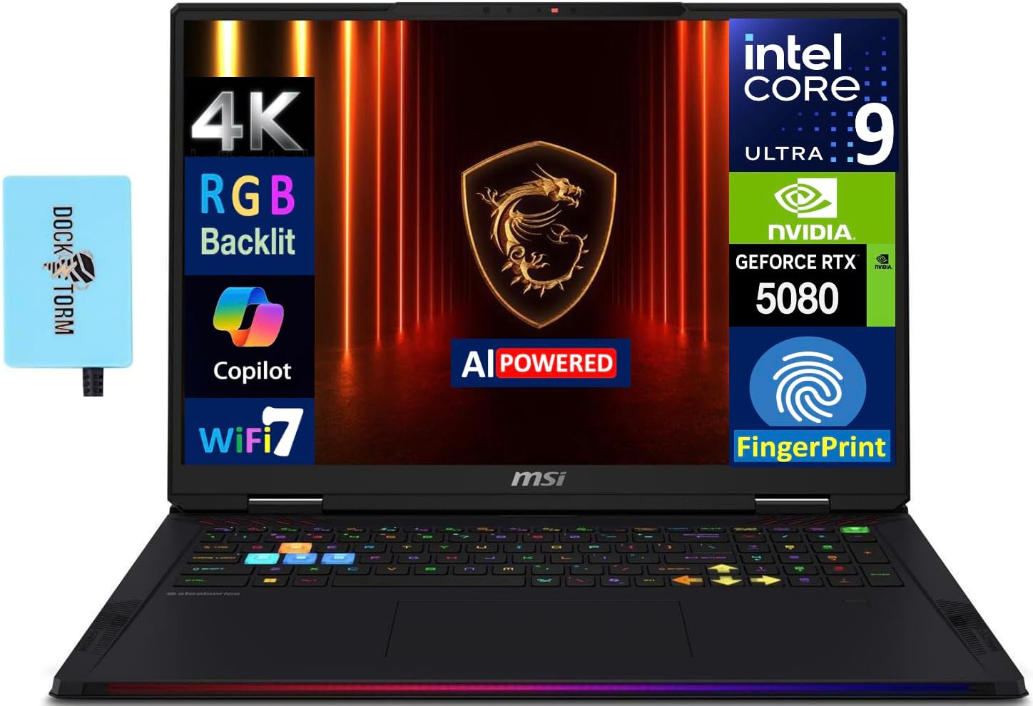 msi Raider 18 HX AI Gaming Laptop 18' 120Hz Mini LED 4K Display (Intel Ultra 9-285HX, GeForce RTX 5080, 64GB DDR5, 2x2TB SSD, Copilot, FP Reader, Thunderbolt 5, Win11Home) w/Dockztorm Hub