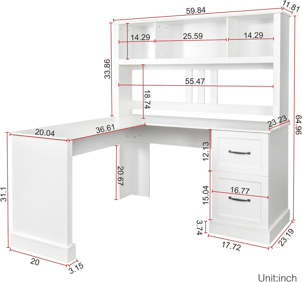 Bellemave L Shaped Computer Desk with Hutch, Home Office Desk with Storae Drawers & Bookshelf, Corner Desk, Study Table Writing Desk with Storage, Easy to Assemble, Antiqued White