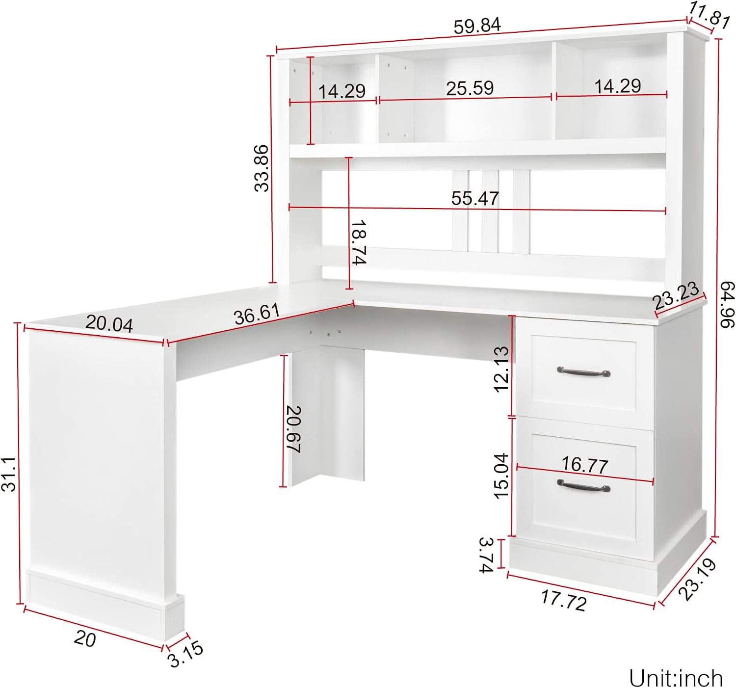 Bellemave L Shaped Computer Desk with Hutch, Home Office Desk with Storae Drawers & Bookshelf, Corner Desk, Study Table Writing Desk with Storage, Easy to Assemble, Antiqued White