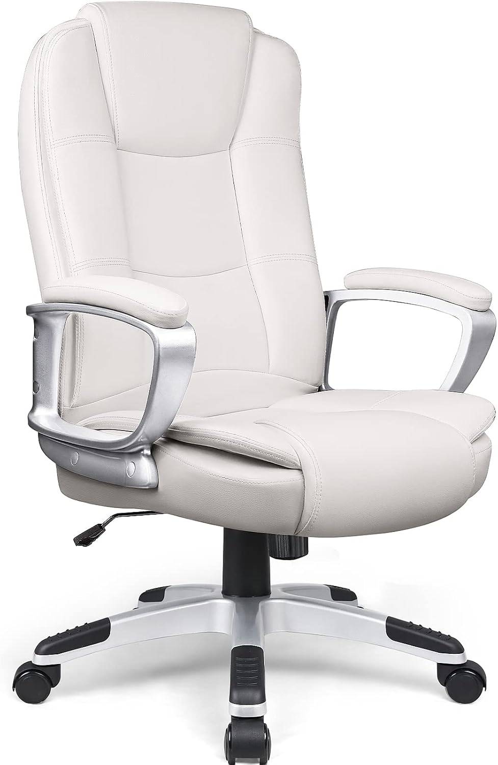 LEMBERI Office Desk Chair, Managerial Executive Chair, High Back Computer Chair, Ergonomic Height Adjustable PU Leather Chairs with Padded Armrest for Long Time Sitting (White)