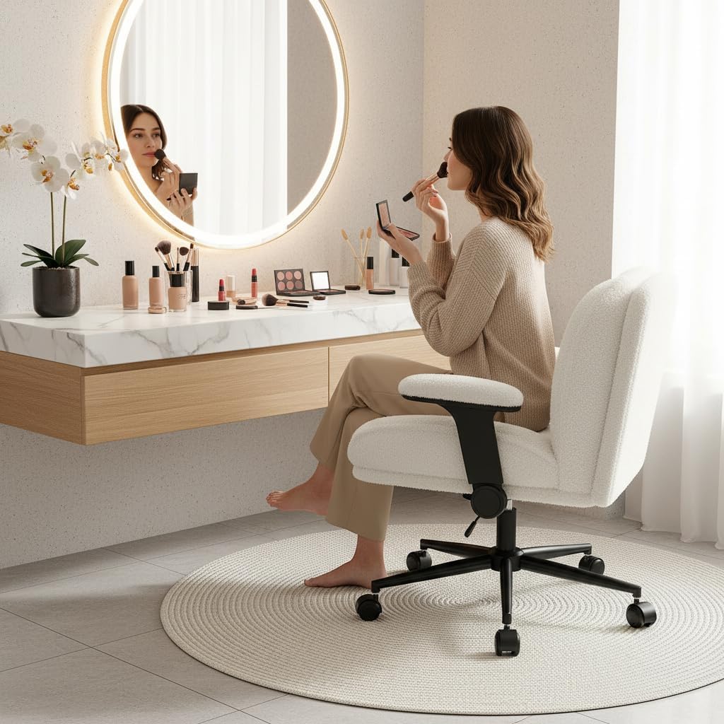 DurayLoly Criss Cross Chair with Wheels,Flip Up Arms,Wide Seat,Teddy Fleece,Adjustable Height,Cross Legged Desk Chair for Bedroom,Dorm,Home Office,White