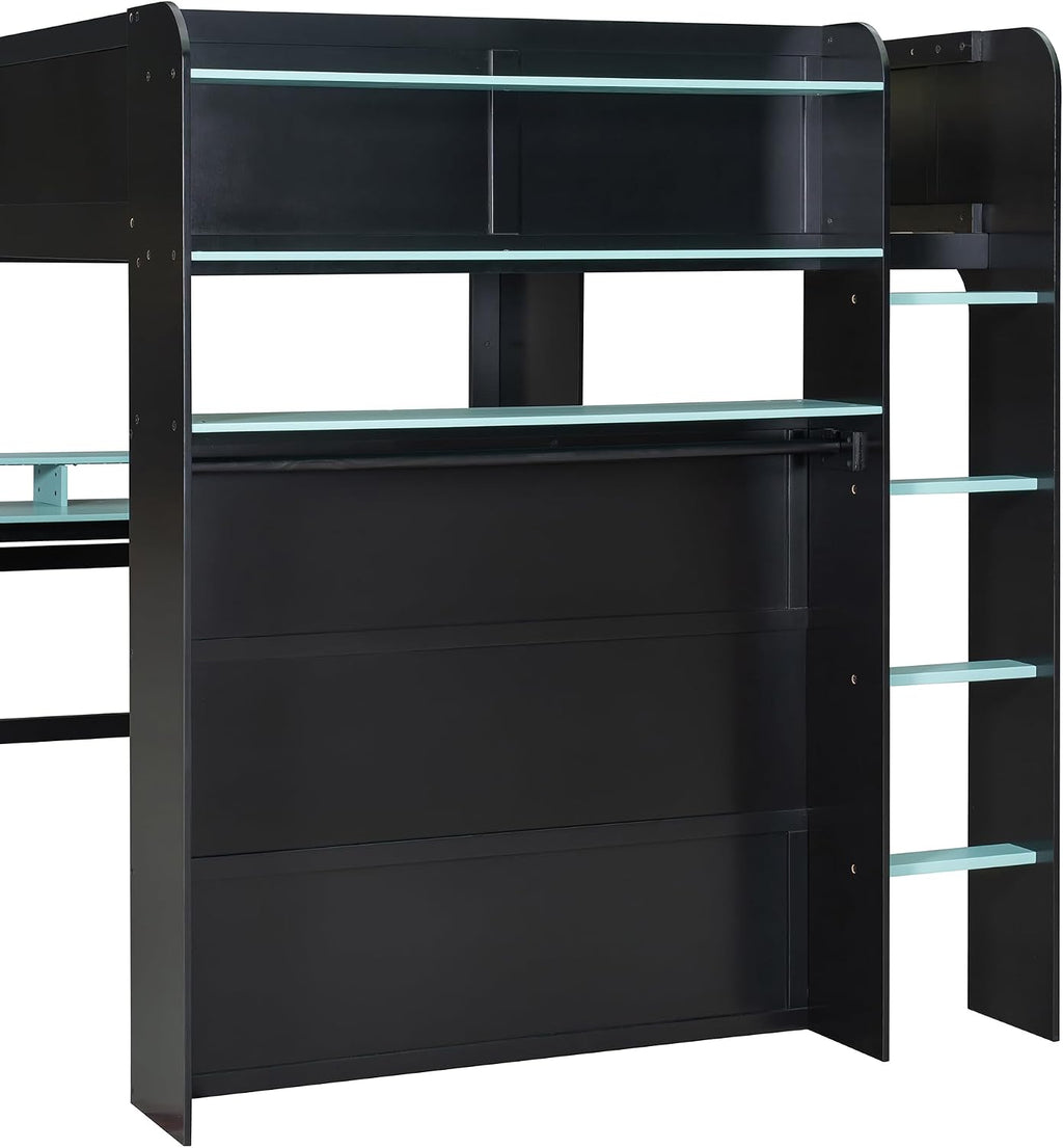 Full Size Gamer Loft Bed with Height-Adjustable Desk,Wardrobe,Ample Storage Space,and RGB Light, Wooden Bunk Bed for Gaming Setup (Cloud Blue/A1)