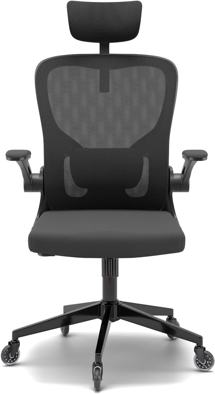 Monhey Black Office Chair, Ergonomic Office Chair, Home Office Desk Chair for Big and Tall People, Computer Chair with Adjustable Headrest, Lumbar Support, Flip-Up Arms, PU Wheels