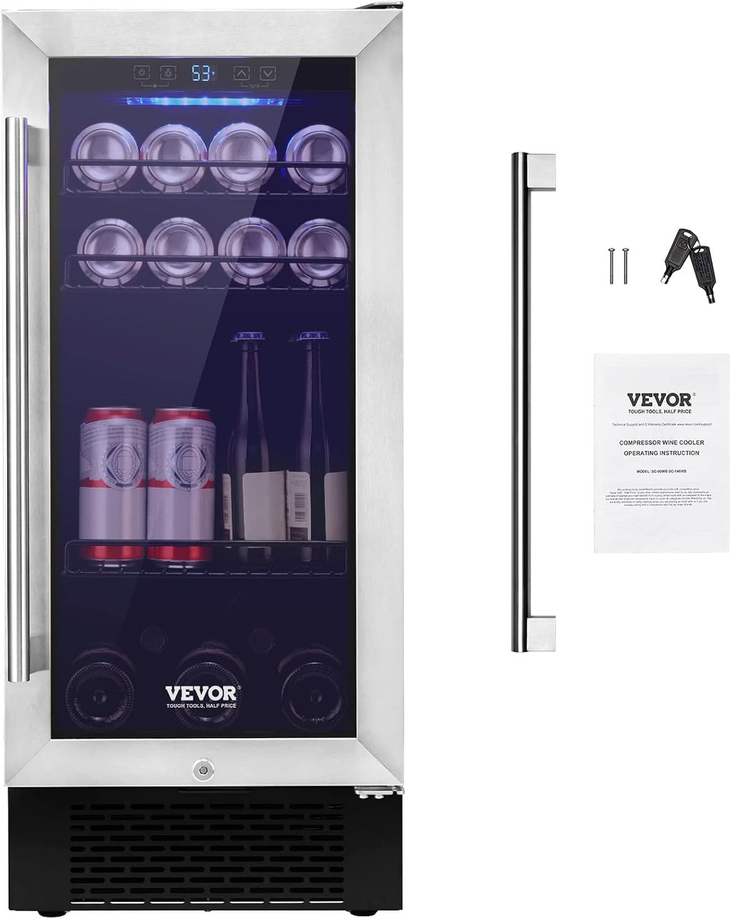 VEVOR 15' Beverage Refrigerator, 96 Cans Under Counter Built-in or Freestanding Beer Fridge, Blue LED Light, Adjustable Shelves, Child Lock, ETL
