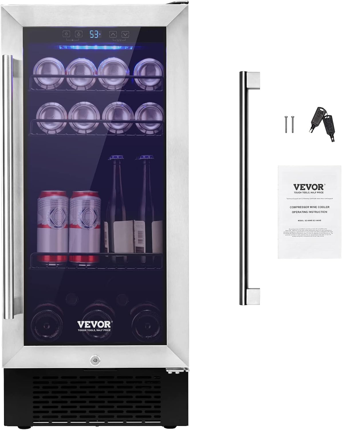 VEVOR 15' Beverage Refrigerator, 96 Cans Under Counter Built-in or Freestanding Beer Fridge, Blue LED Light, Adjustable Shelves, Child Lock, ETL