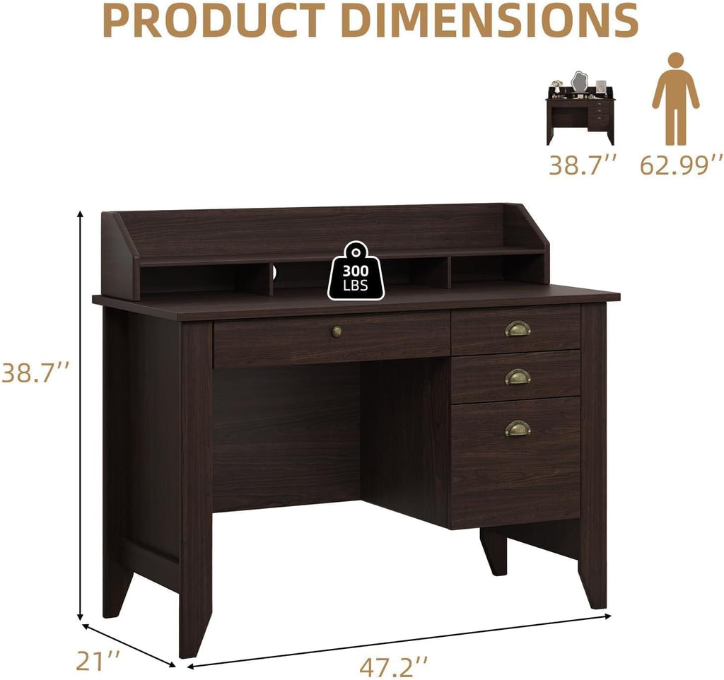 4 EVER WINNER Small Desk with Drawers, Office Desk with File Drawer and Monitor Stand, Writing Desk Study Table for Small Spaces, Espresso