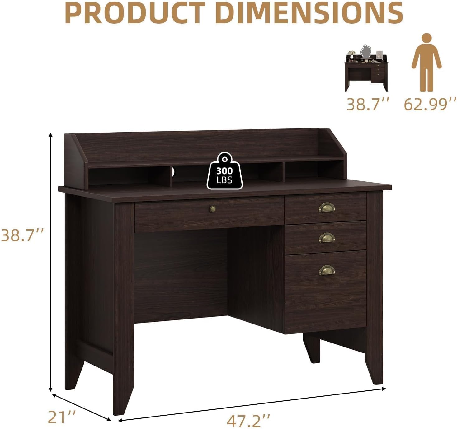 4 EVER WINNER Small Desk with Drawers, Office Desk with File Drawer and Monitor Stand, Writing Desk Study Table for Small Spaces, Espresso