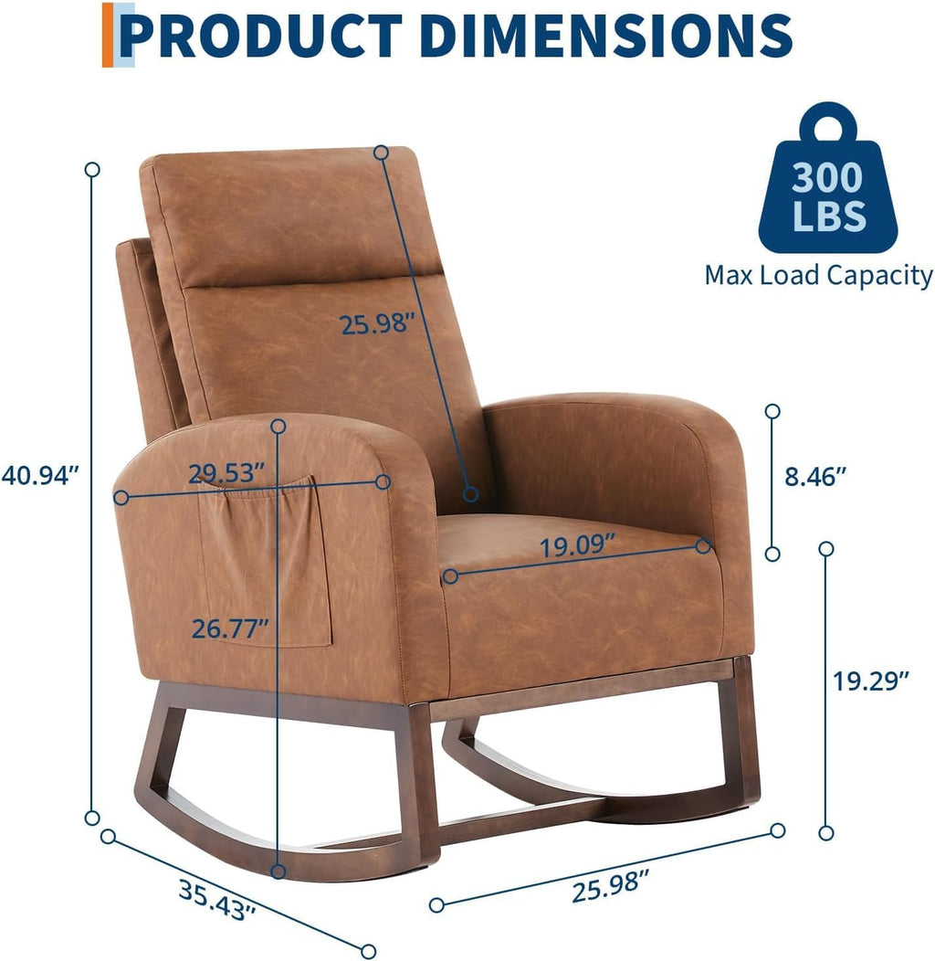 Nursery Glider Rocking Chair with 2 Side Pockets - Solid Wood Legs, Cozy Armchair for Baby Room, Living Room, Bedroom, Comfortable Nursery Essential(Rustic Brown)
