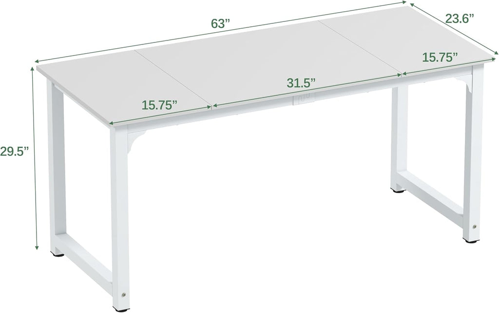 NSdirect Large Office Desk for Home Office, Large 63' Computer Desk Table, Wide Writing Study Desk for 2 Person, Metal Sturdy Frame Thicker Steel Legs,Warm White