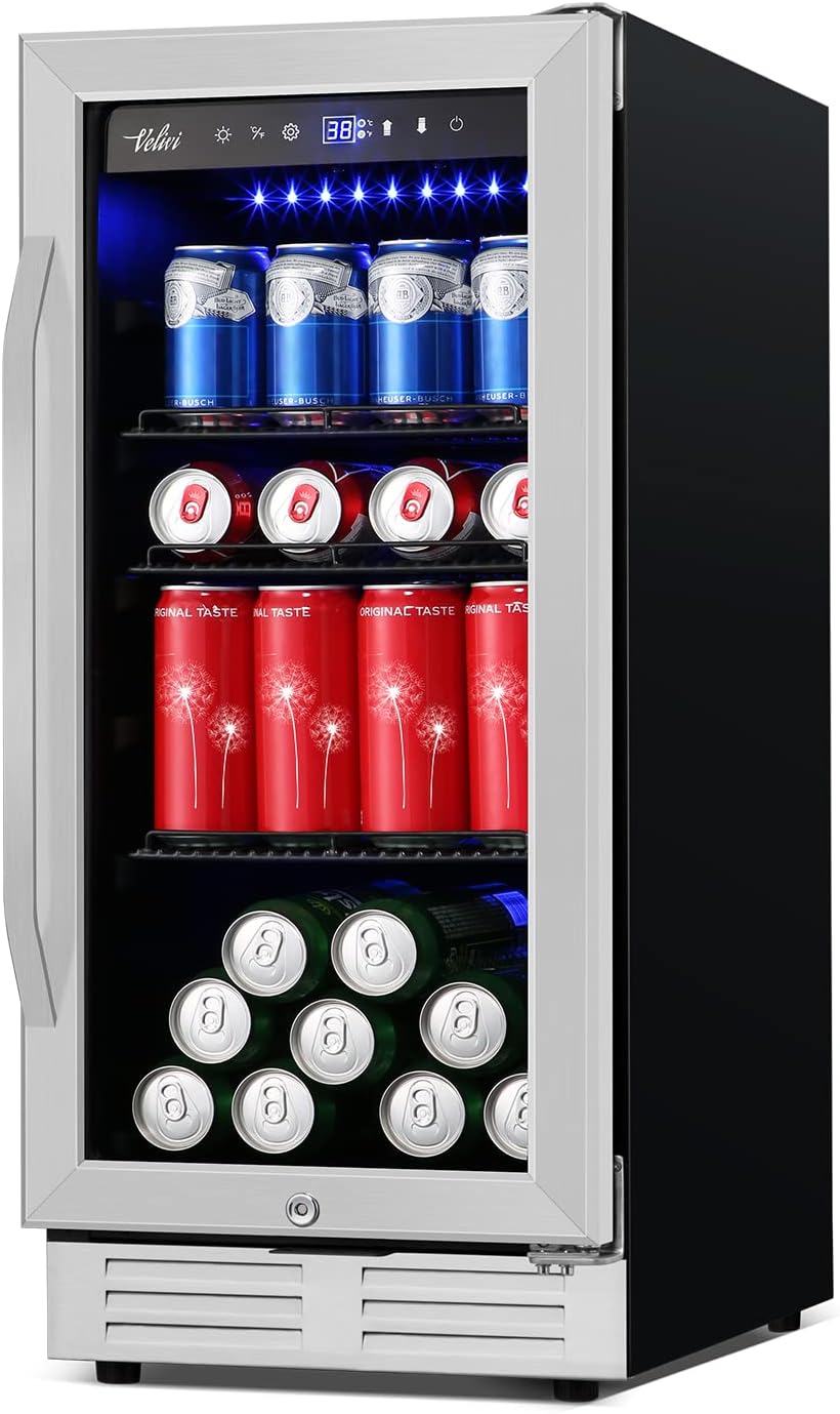 Velivi 15 Inch Beverage Refrigerator and Cooler - 125Cans Capacity Mini Beer Drink Fridge with Glass Door and Lock Under Counter Built-in or Freestanding - for Soda, Beer, Wine - for Home Bar Kitchen