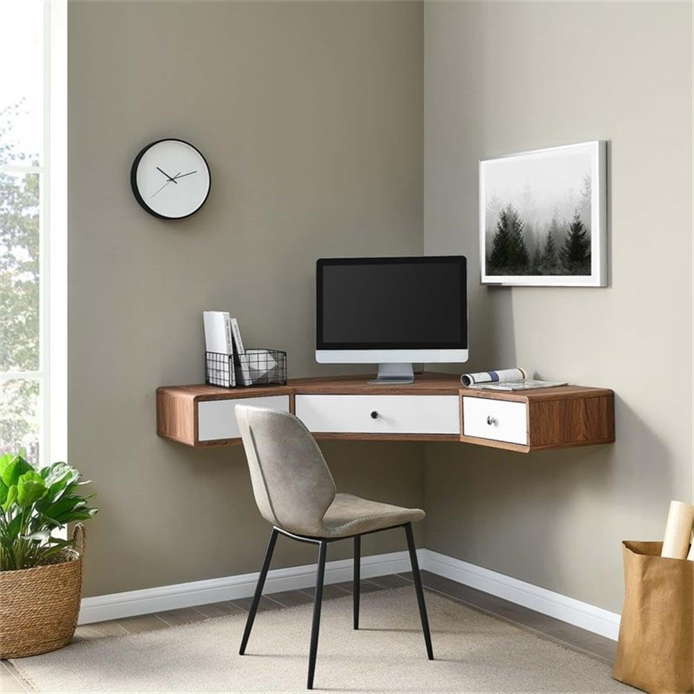 Modway Transmit 47' Wall Mount Corner Wood Office Desk in Walnut/White
