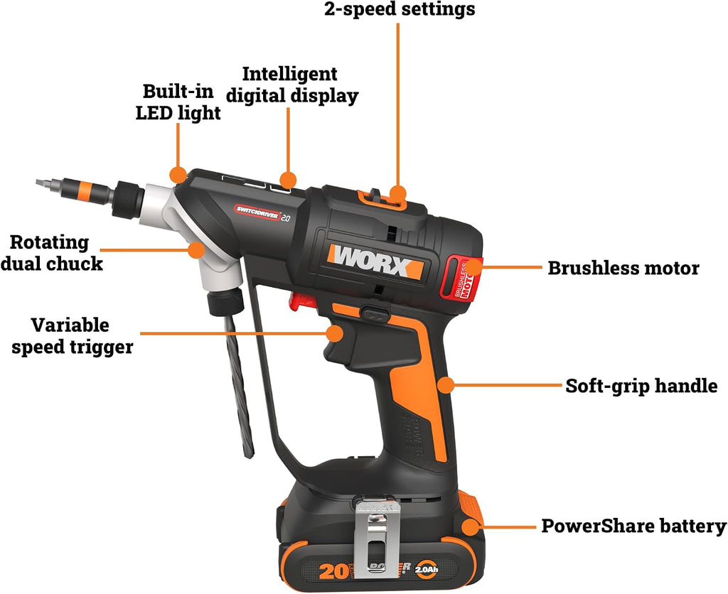 WORX WX177L.2 Cordless Drill Driver, 20V 445 in·lb Brushless Power Drill Driver, Powerful Drilling and Driving, 2-in-1 Design, 85 Bits, Battery and Charger Included, PowerShare
