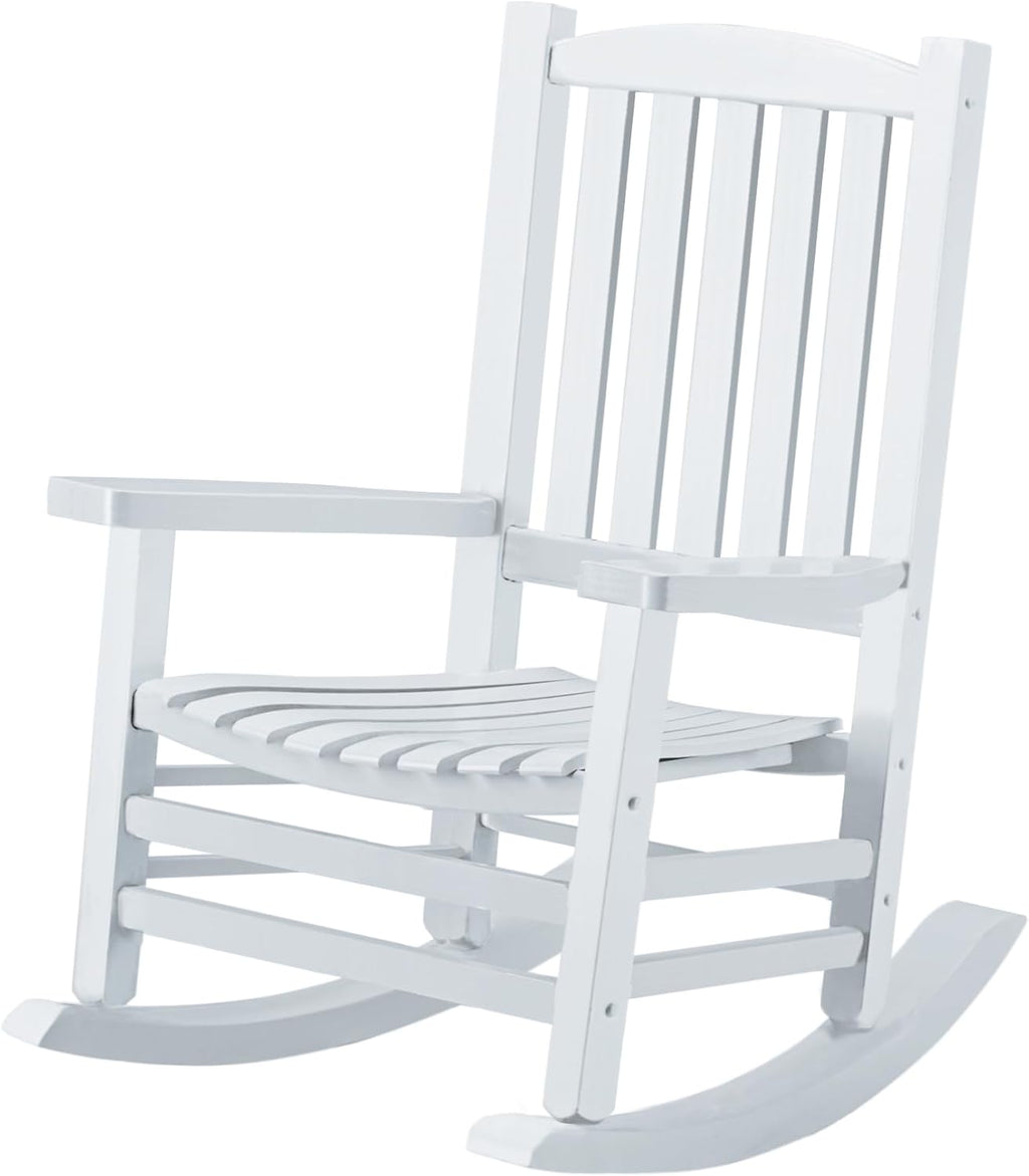 Hupmad Wooden Rocking Chair Outdoor Oversized Porch Rocker Chair,Patio Wooden Rocker with High Back and Armrest,All Weather Rocker Slatted for Backyard,Garden,400 lbs Support,White